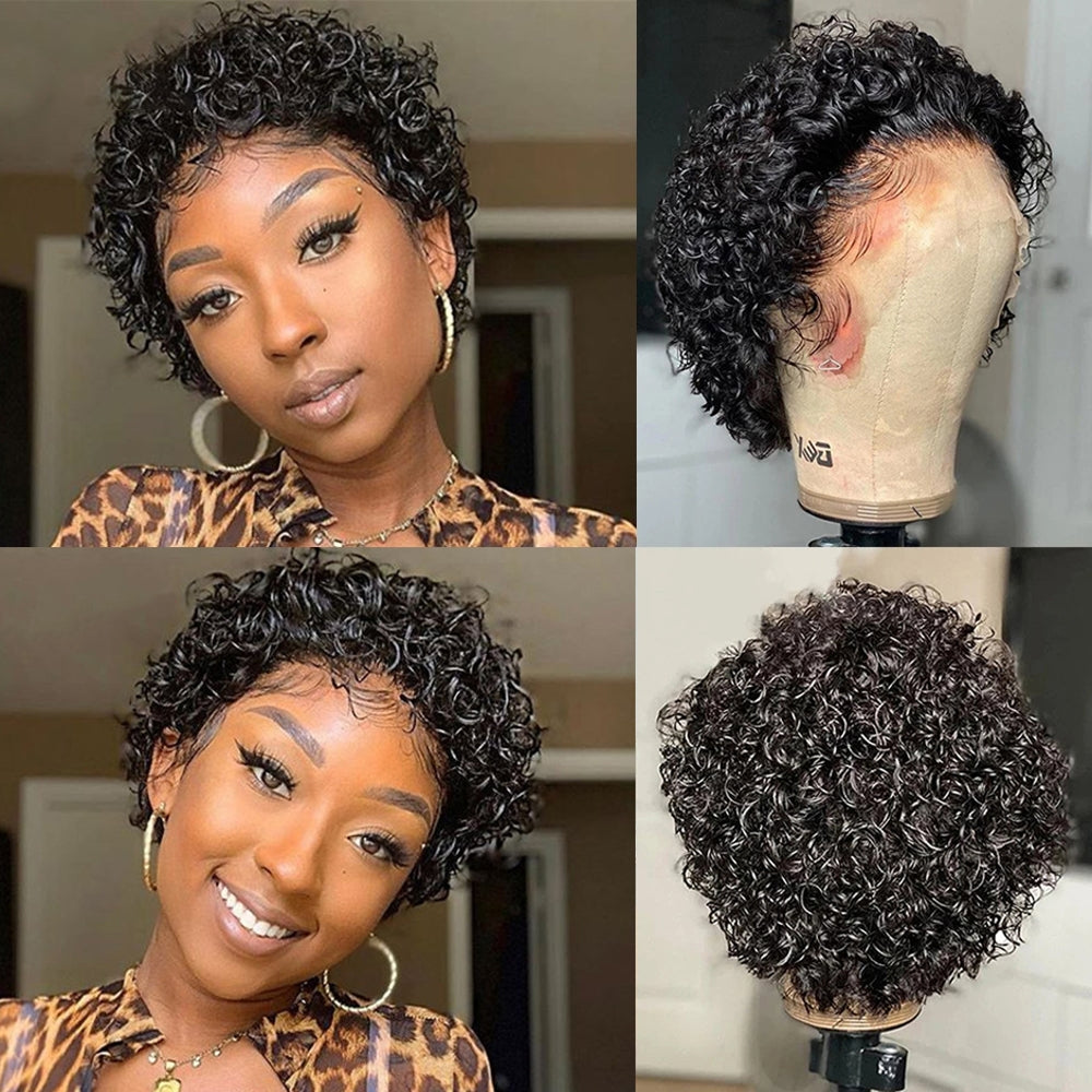 Bob Style Curly Pixie Cut Human Hair Lace Wig  Naturlal Black #1B