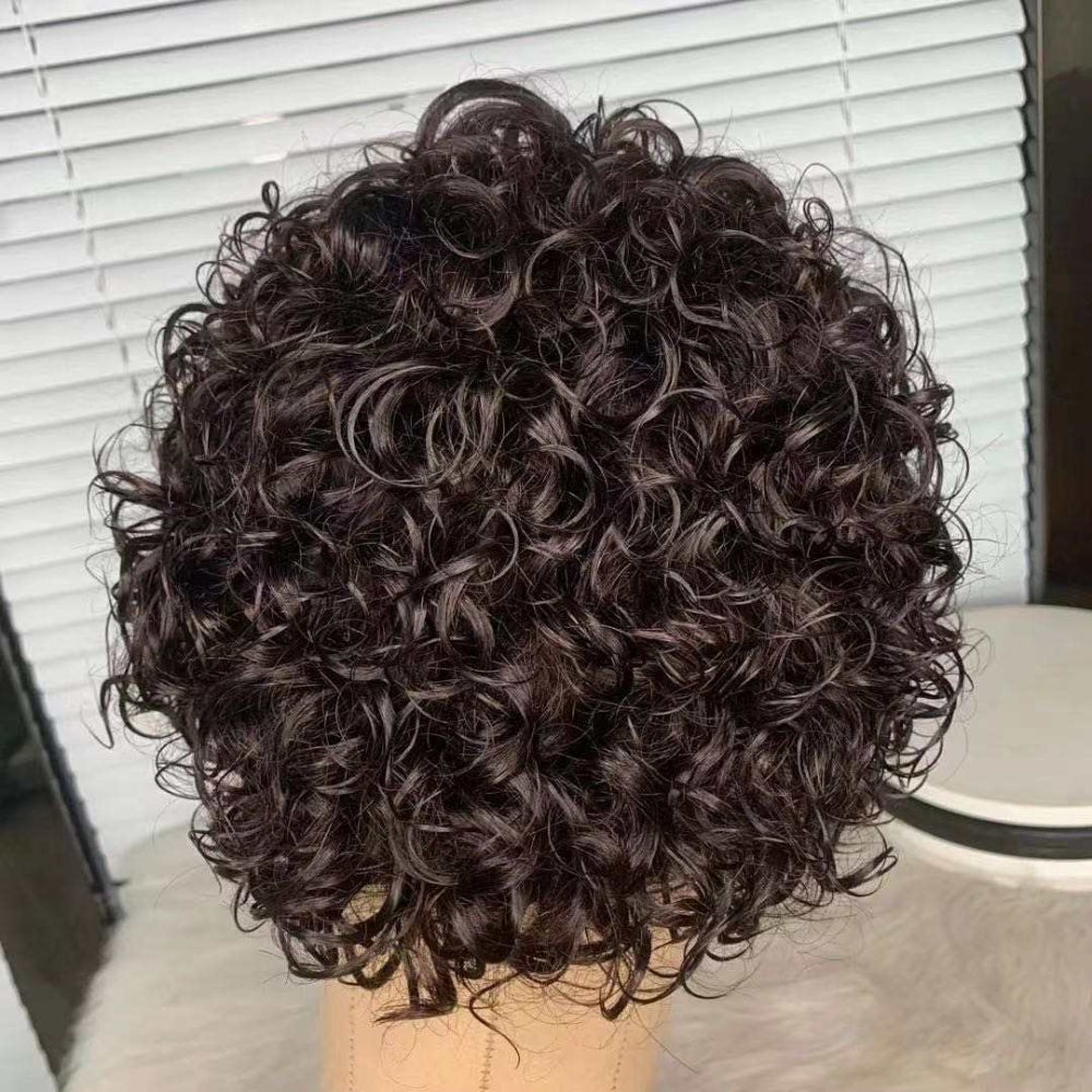 Bob Style Curly Pixie Cut Human Hair Lace Wig  Naturlal Black #1B