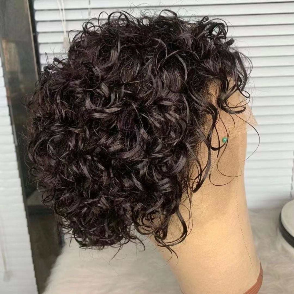Bob Style Curly Pixie Cut Human Hair Lace Wig  Naturlal Black #1B